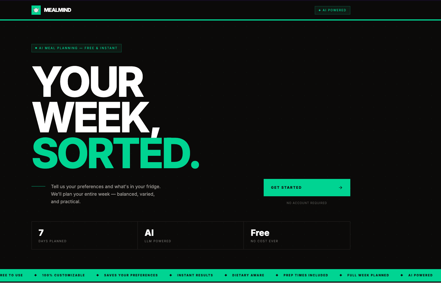 MealMind — hero page with "Your Week, Sorted." headline and Get Started CTA